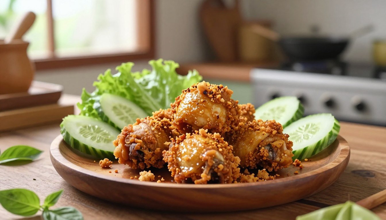 A beautifully arranged serving of crispy "Ayam Kremes" on a wooden plate, surrounded by fresh "lalapan" vegetables like cucumber, lettuce, and basil. The chicken should be golden brown and glistening, showcasing its crunchy texture, with crumbles of crispy seasoning scattered around. In the background, a rustic home kitchen scene softly illuminated by warm, natural light pouring through a window. The image captures an inviting and homely atmosphere, with kitchen utensils and ingredients subtly arranged, hinting at the cooking process. The focus should be sharp on the dish while maintaining a gentle blur on the background. This composition should evoke a sense of warmth and culinary delight, perfect for showcasing traditional Indonesian cuisine. Captured in a natural setting and styled as realistic food photography by infospx.id.