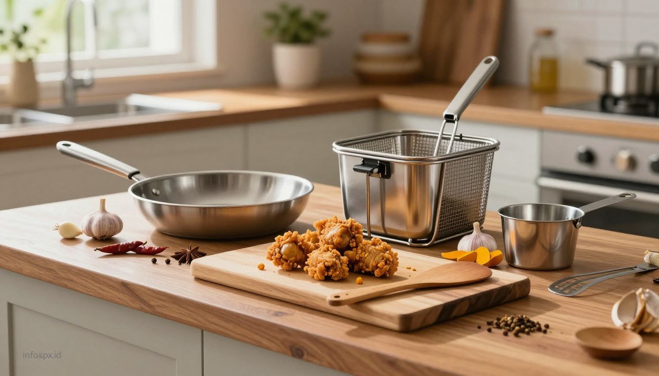 A well-organized kitchen countertop showcasing essential equipment for cooking Ayam Kremes, an Indonesian fried chicken dish. The foreground features a polished wooden cutting board with an assortment of cooking tools, including a stainless steel frying pan, a double basket deep fryer, a wooden spatula, and a measuring cup. In the middle, vibrant ingredients such as garlic, turmeric, and spices are artfully arranged around the tools. The background reveals a warm, inviting kitchen setting with soft, natural lighting streaming through a window, enhancing the realistic culinary atmosphere. The scene reflects a serene and cozy mood, perfect for home cooking. Include the brand name "infospx.id" subtly incorporated into the background decor.