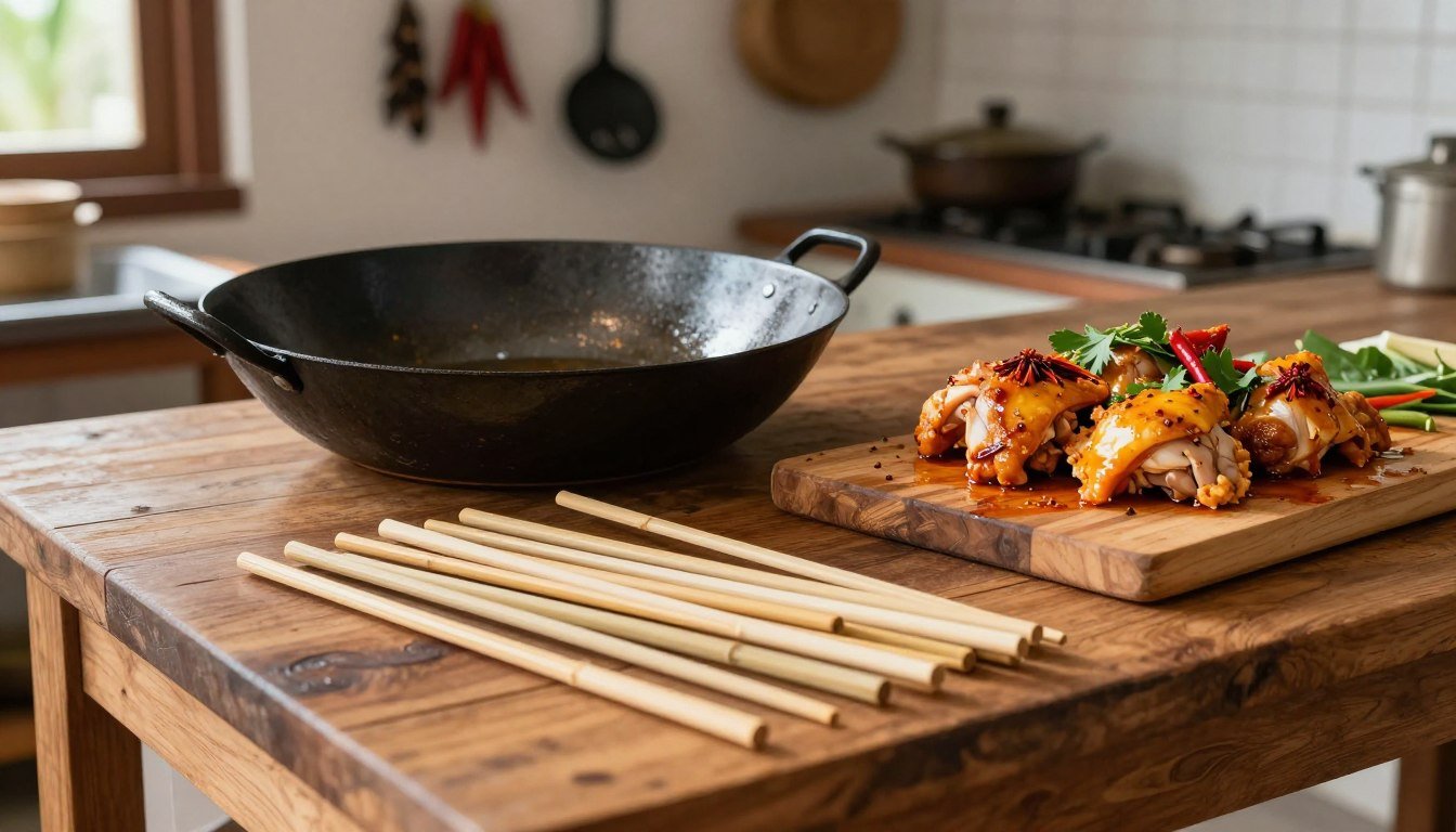 Peralatan membuat sate taichan tusuk sate dan wajan