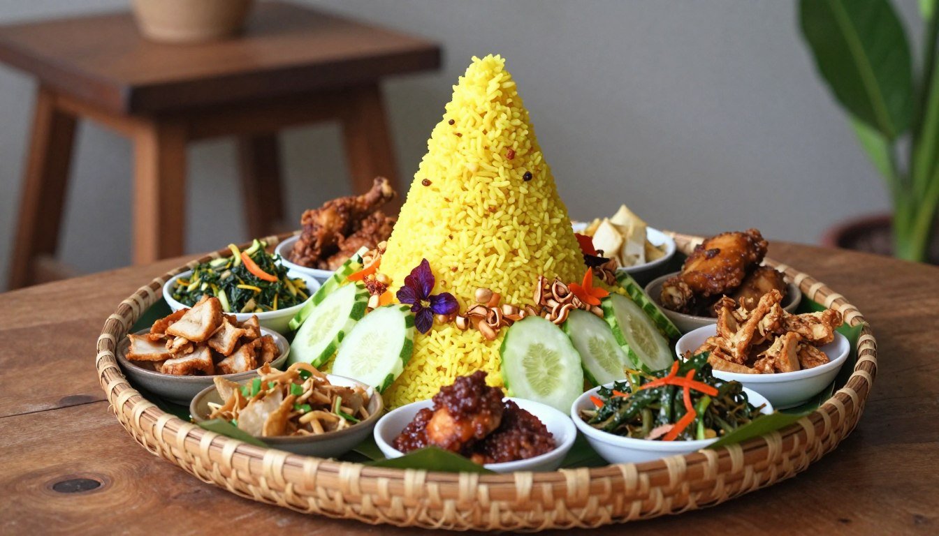 cara menata tumpeng dan lauk pelengkap di atas tampah